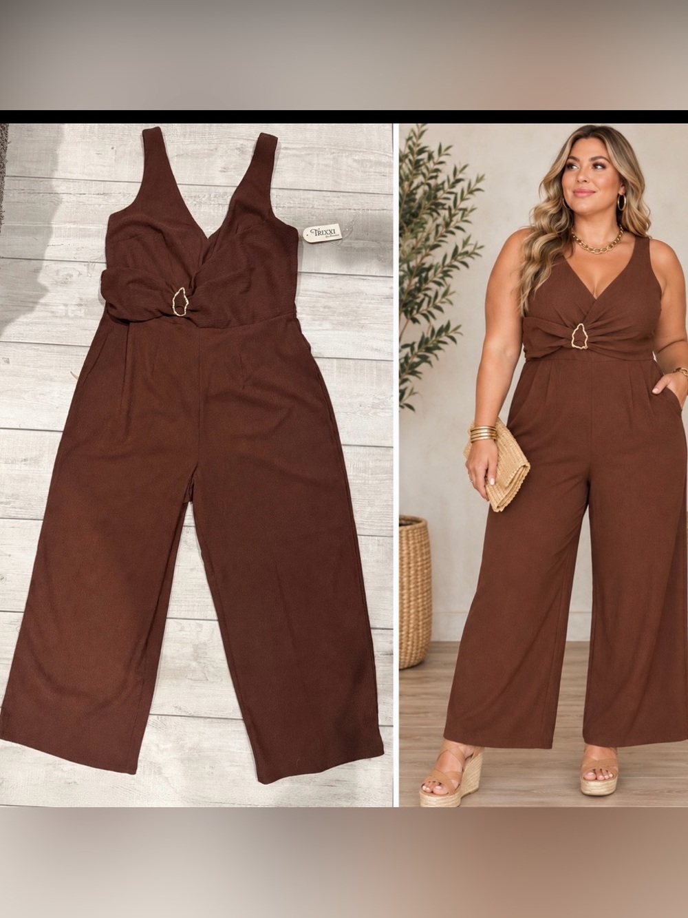 Trixxi Mocha Brown V-Neck Wide-Leg Ribbed Jumpsuit with Gold Accent